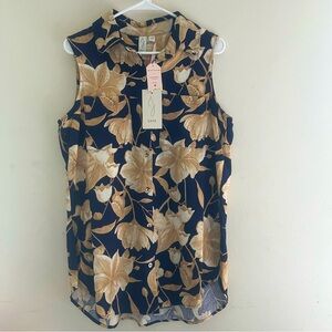 Joie Blue Floral Print Linen Blend Button up Collard Tank Top Size Medium